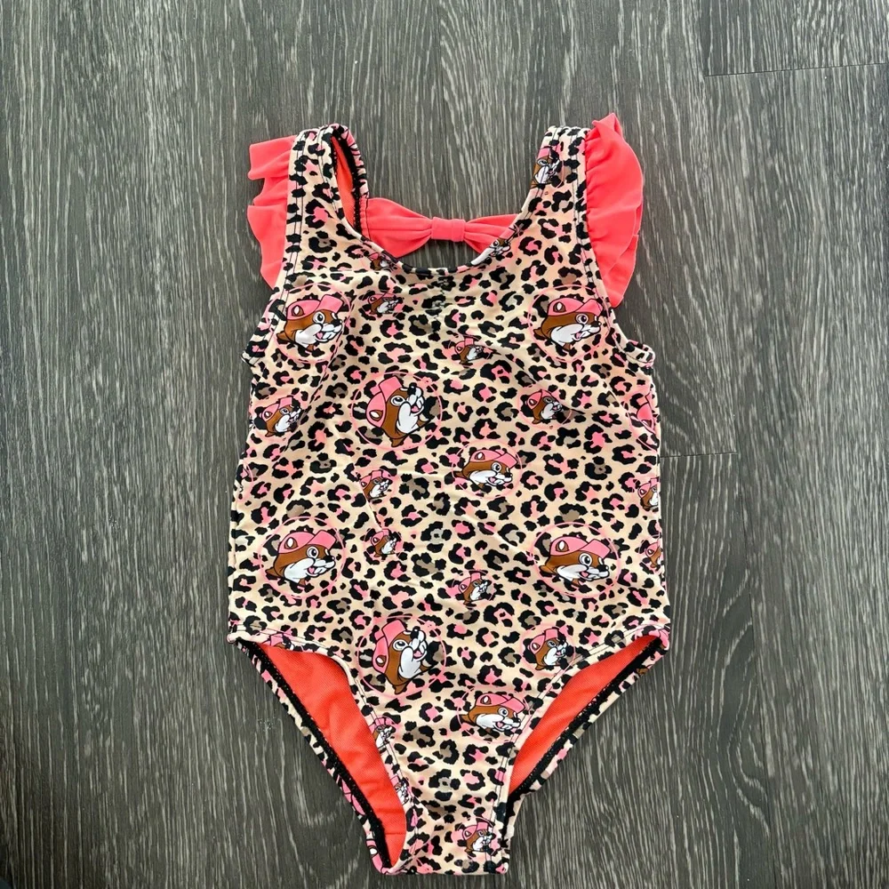 Buc-ees Coral Cheetah Toddler Girls Swim One Piece & UPF 50+ Sun Hat 2T